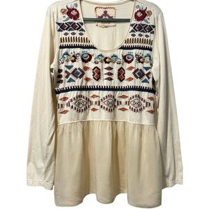 Johnny Was Joy Love Light Embroidered Ivory Aztec Bohemian Jersey Blouse XL